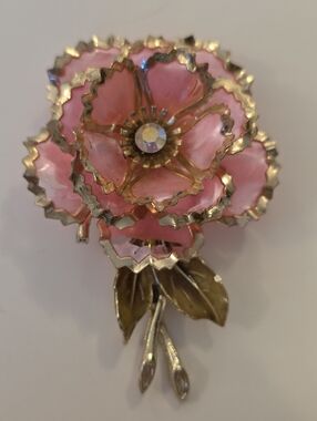 Vintage Signed Coro Ruffled Enamel 3D Pink Flower Brooch Gold Tone Edges & Stem